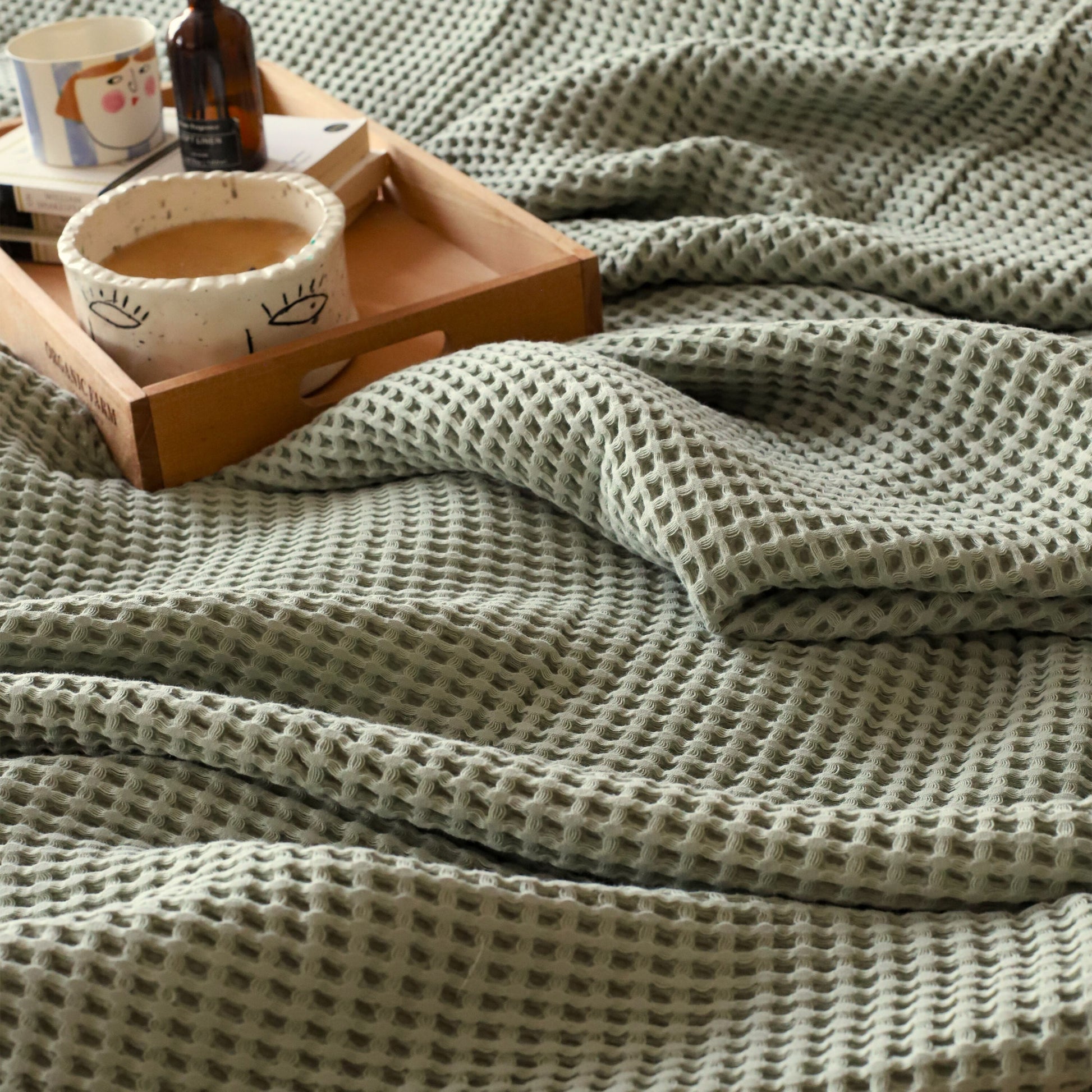 Bulk Waffle Weave Throws, Blankets and Bedspreads Sage Green, 100% Turkish Cotton, High-Quality-3