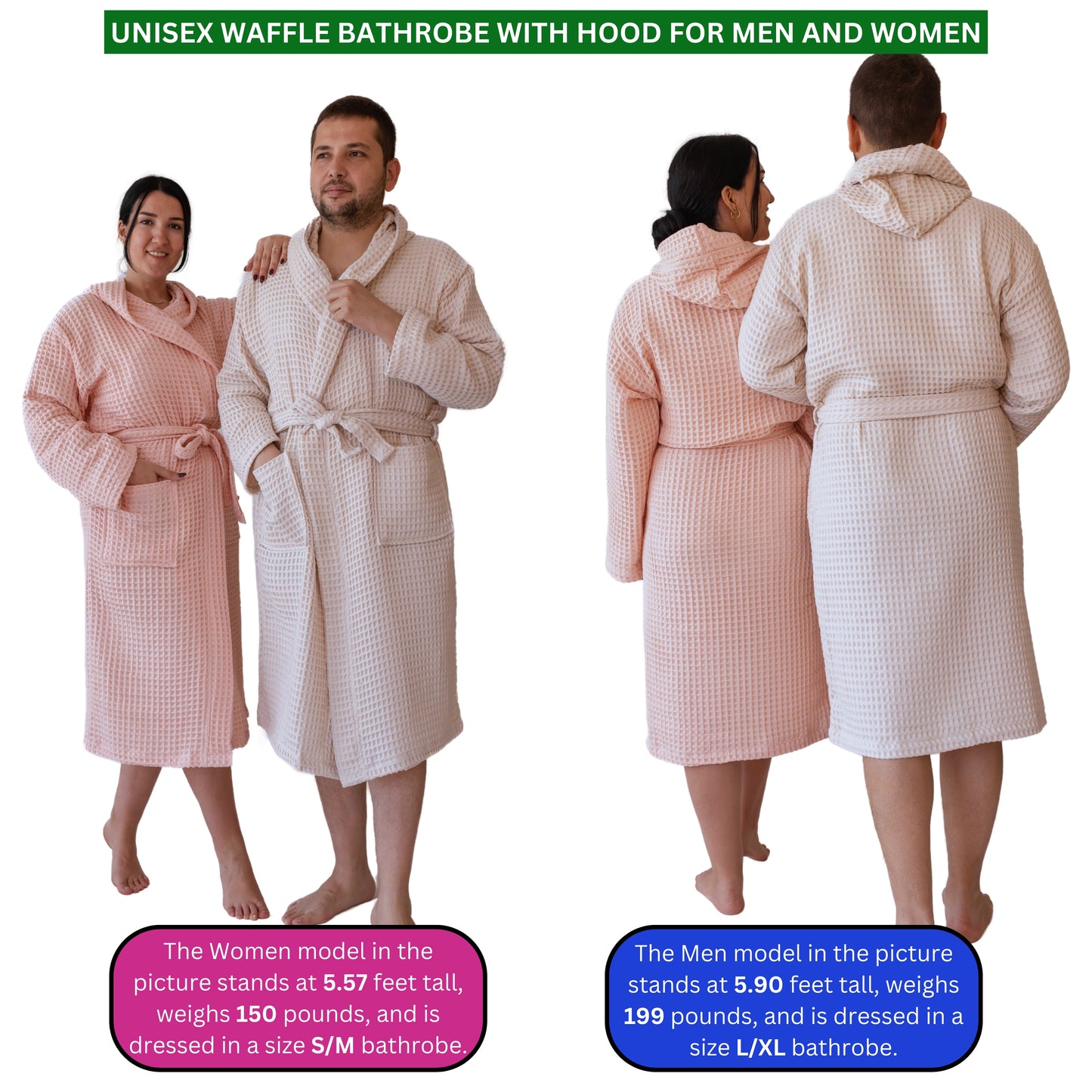 Waffle Robe with Hooded Unisex Pink Bulk Pack of 8 - 5