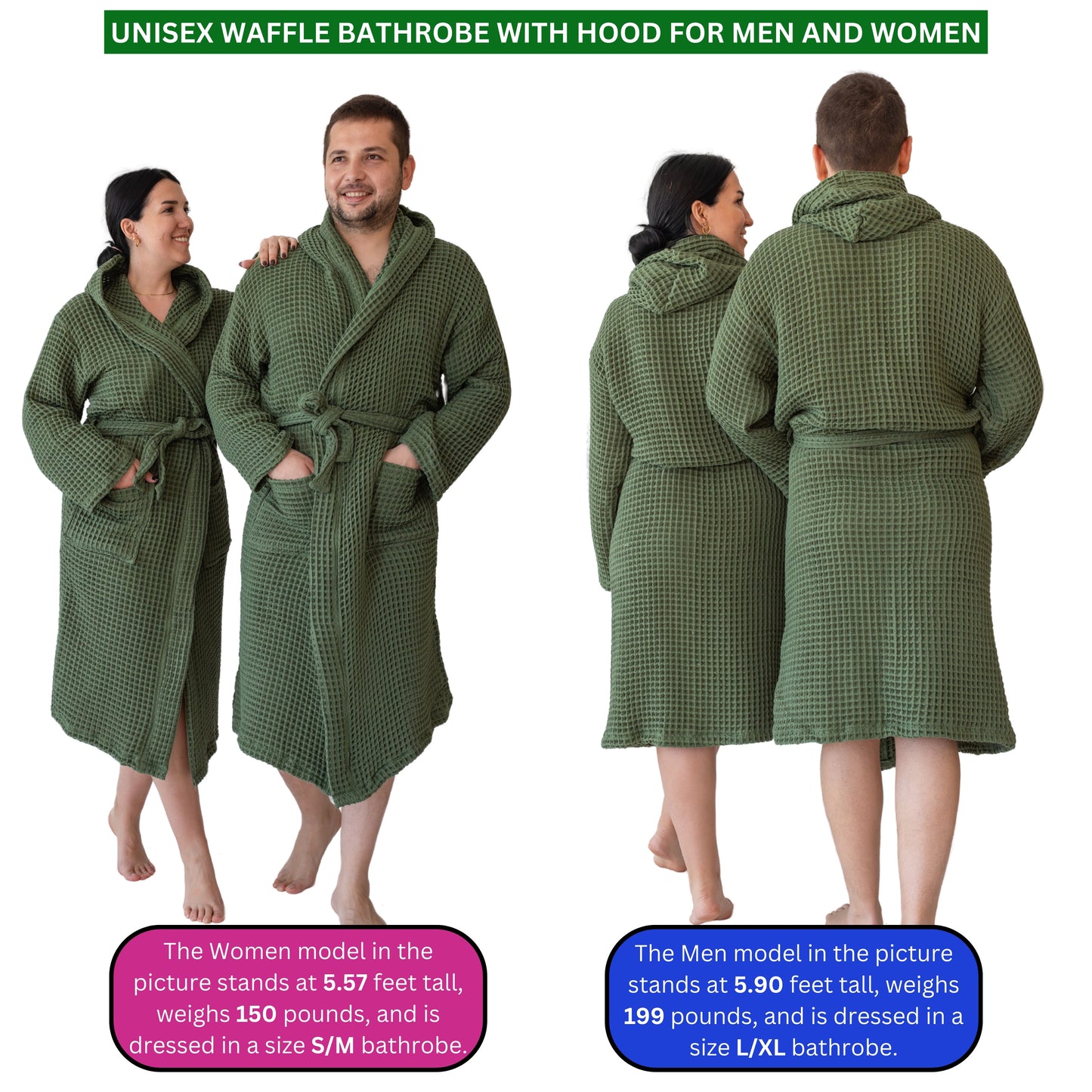 Waffle Robe with Hooded Unisex Green Bulk Pack of 8 - 6