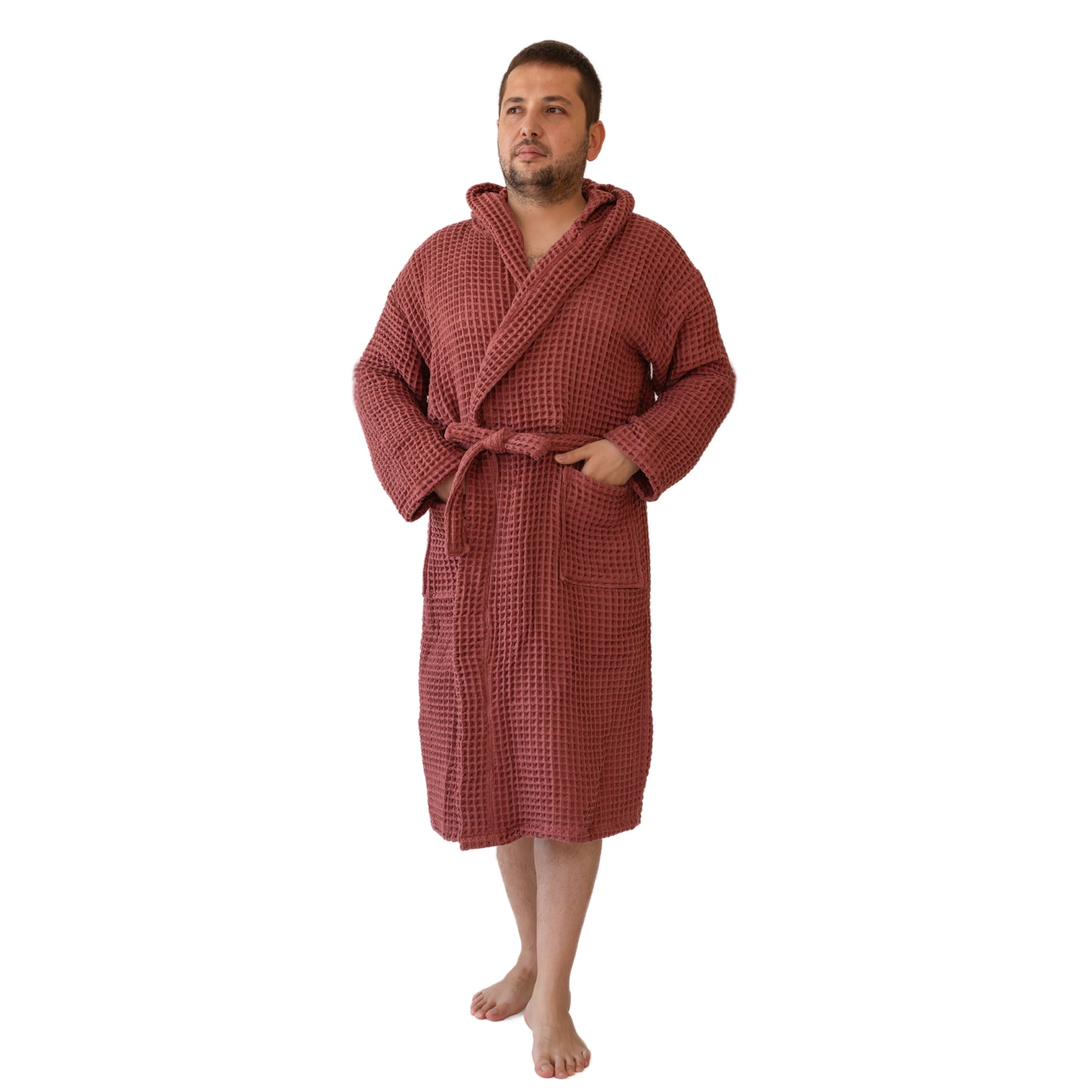 Waffle Robe with Hooded Unisex Red Bulk Pack of 8 - 24