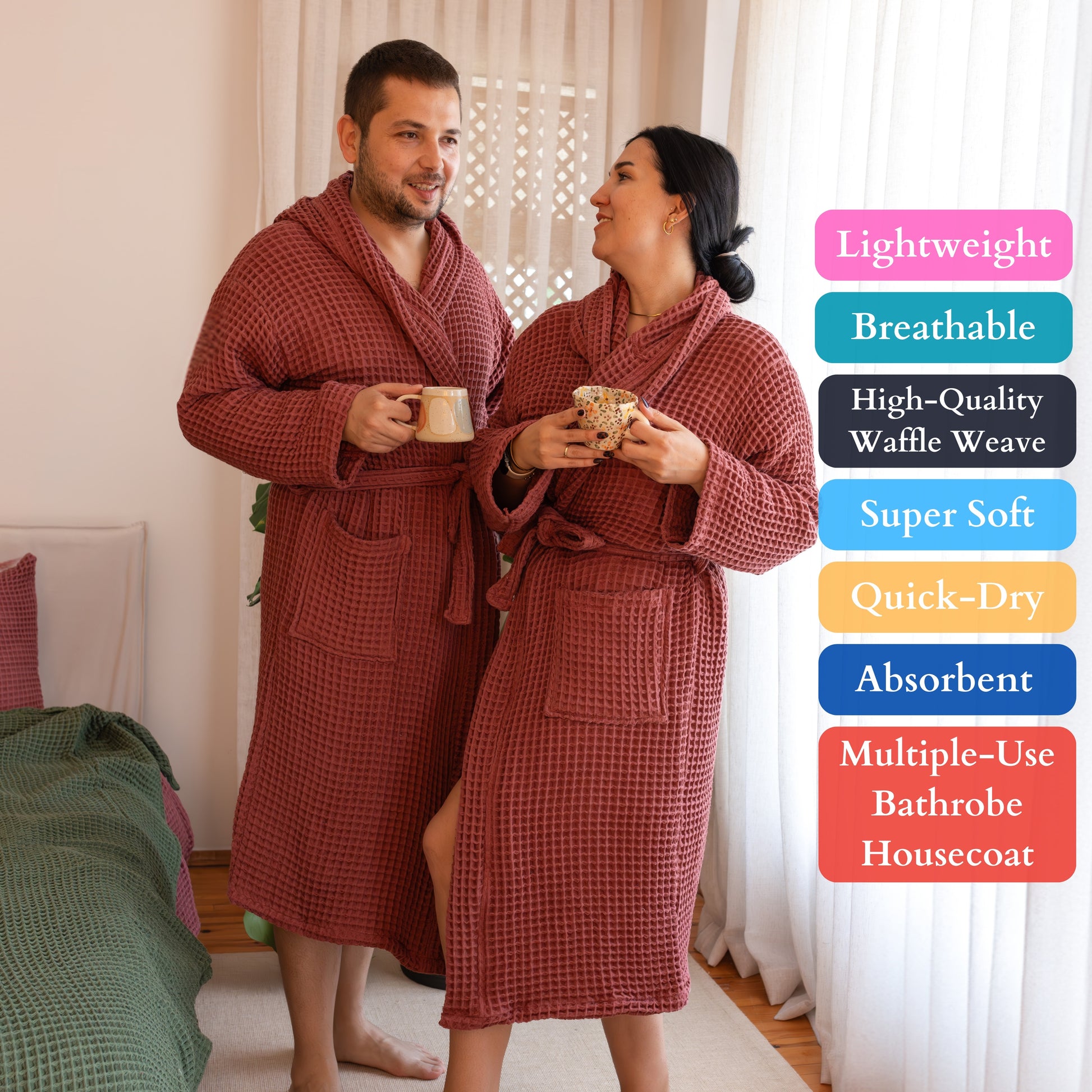 Waffle Robe with Hooded Unisex Red Bulk Pack of 8 - 25