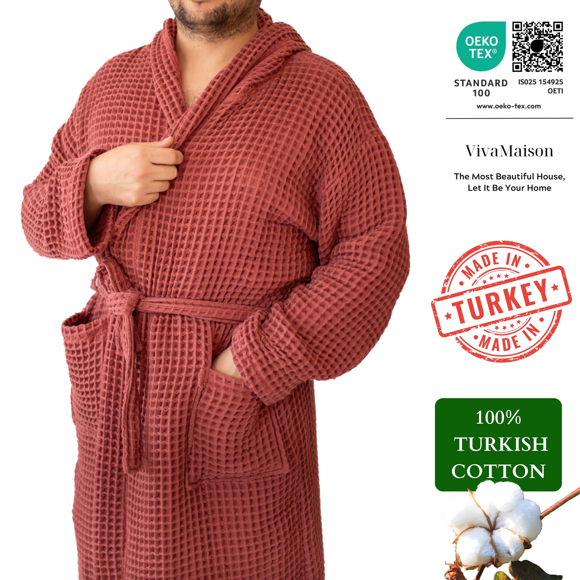 Waffle Robe with Hooded Unisex Red Bulk Pack of 8 - 2-6