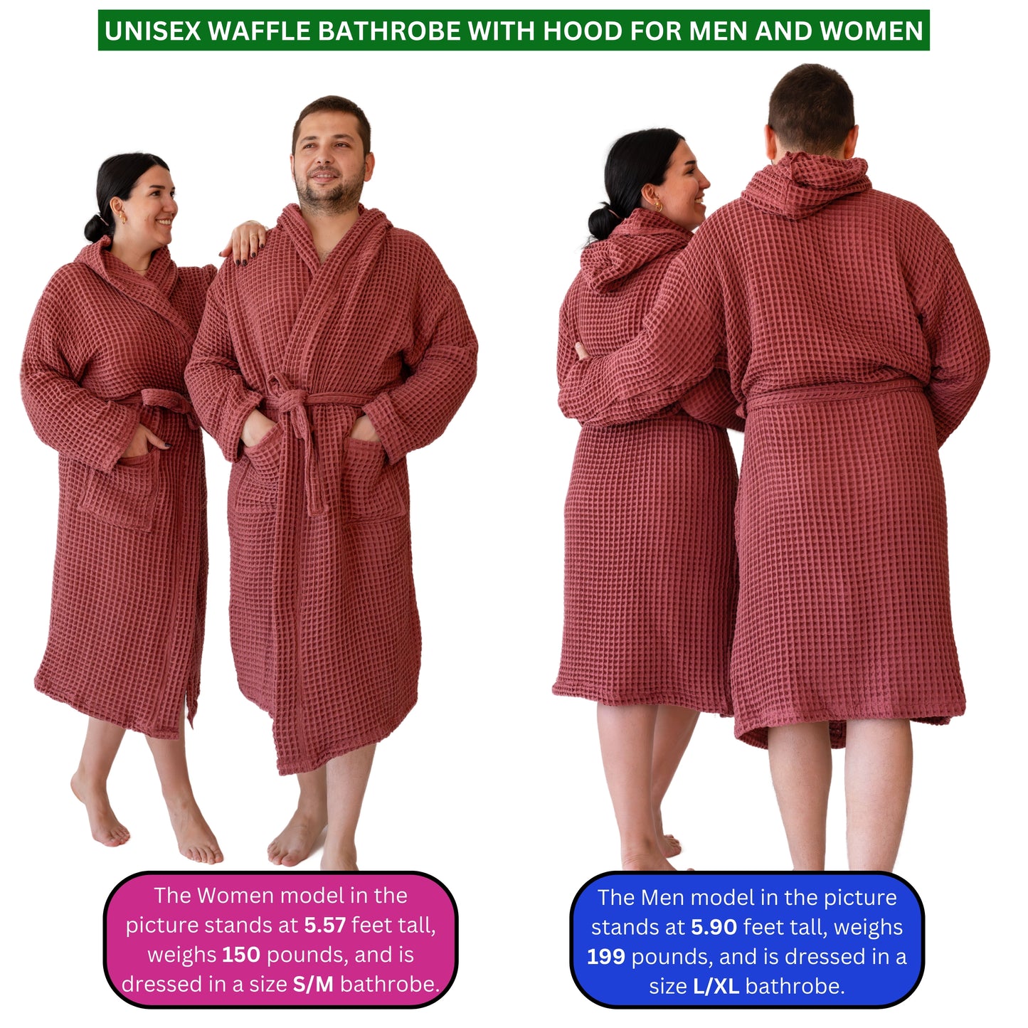 Waffle Robe with Hooded Unisex Red Bulk Pack of 8 - 2-8